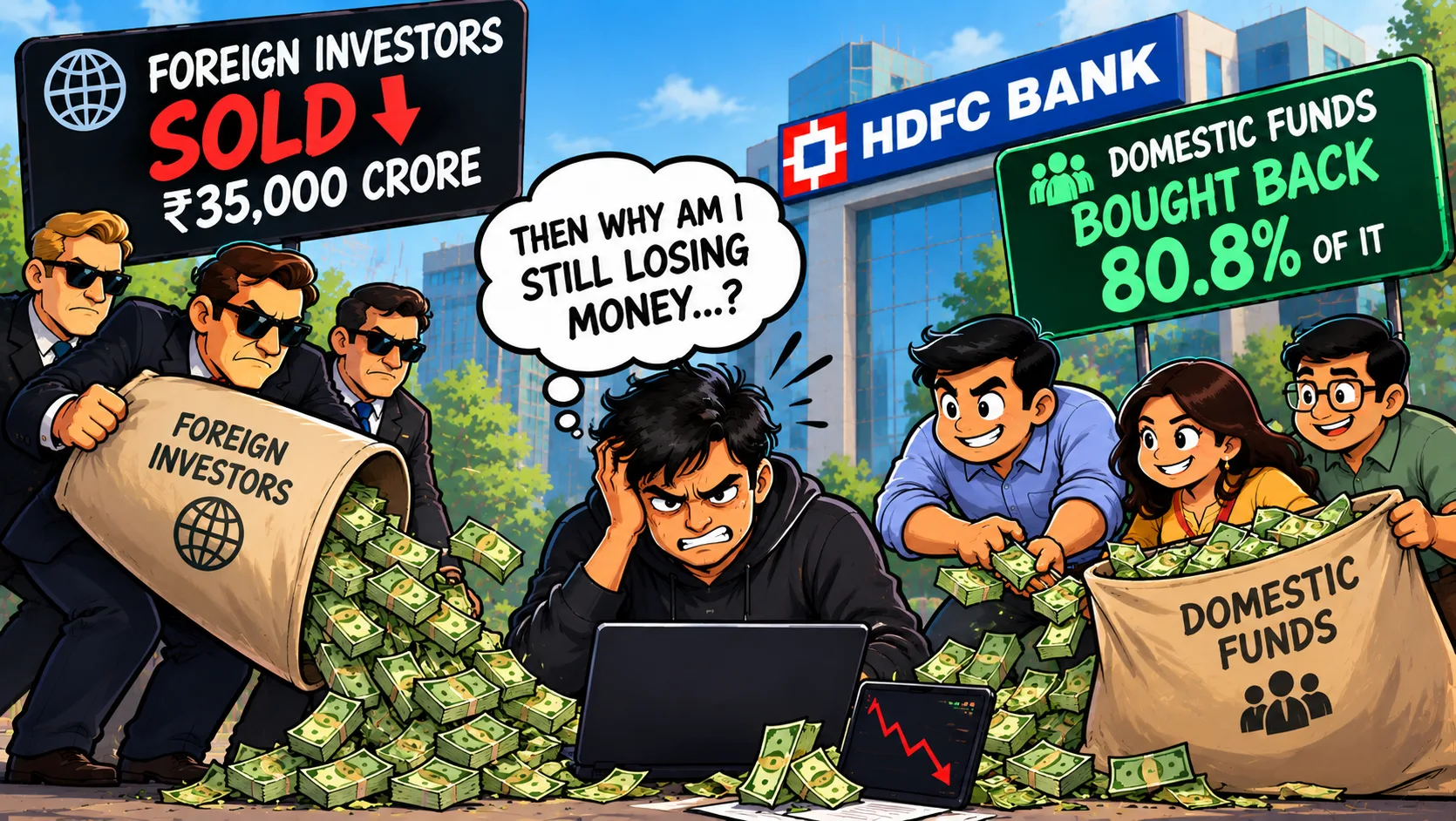 HDFC Bank: foreign investors sold 48 crore shares in one quarter. Domestic funds bought four-fifths of them.