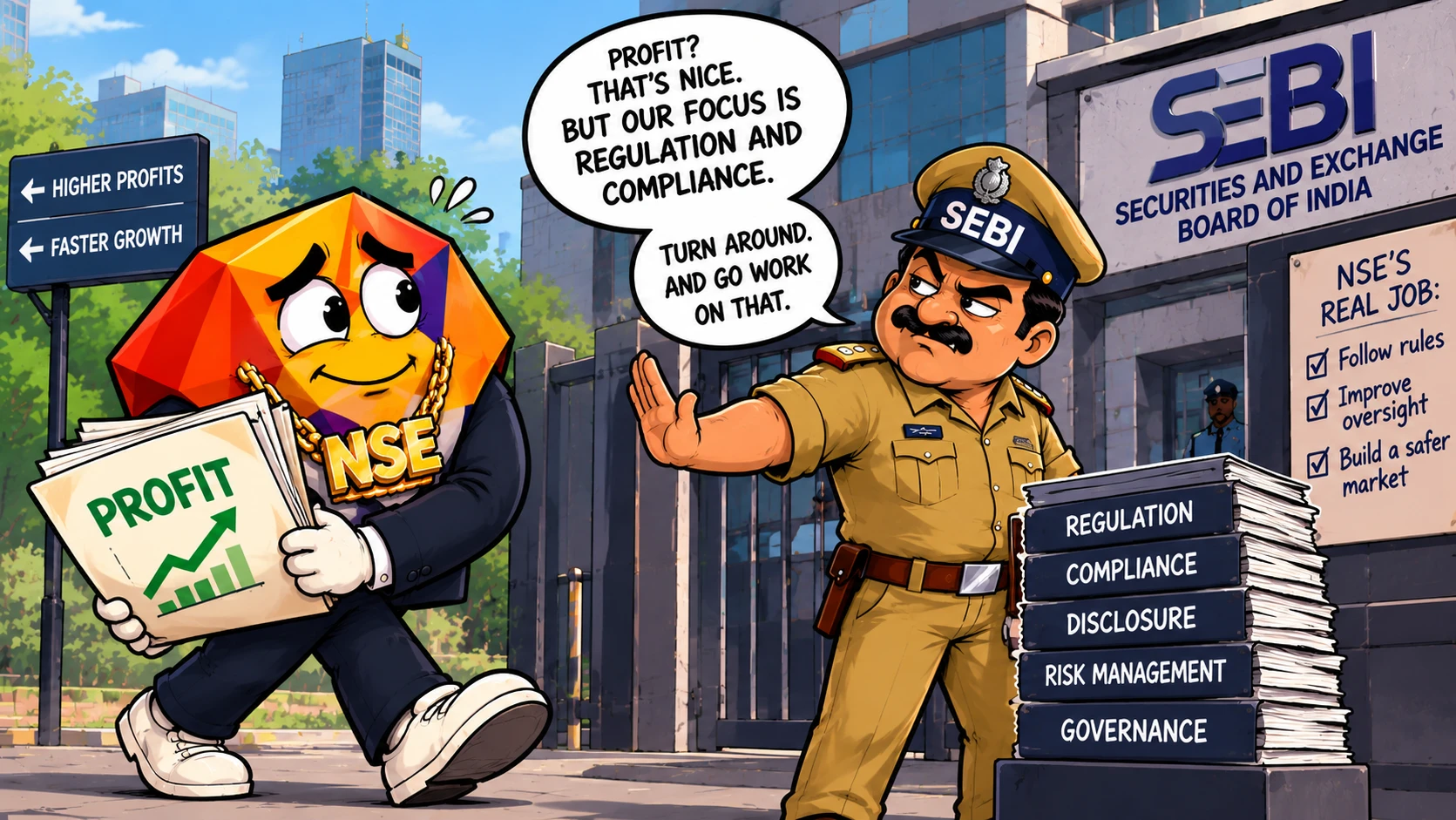 Illustration of NSE pursuing profit and growth while a SEBI officer redirects its focus toward regulation, compliance, disclosure, risk management, governance, and safer market oversight.