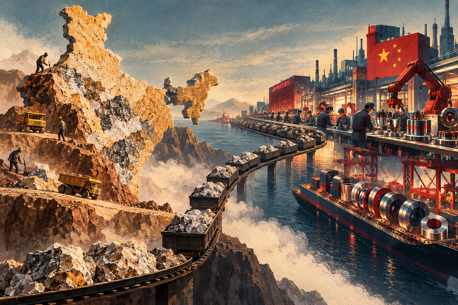 A mineral-rich map of India feeds raw ore toward a distant Chinese processing complex, while finished magnets return by ship, symbolising India’s vast rare-earth reserves but dependence on foreign processing.