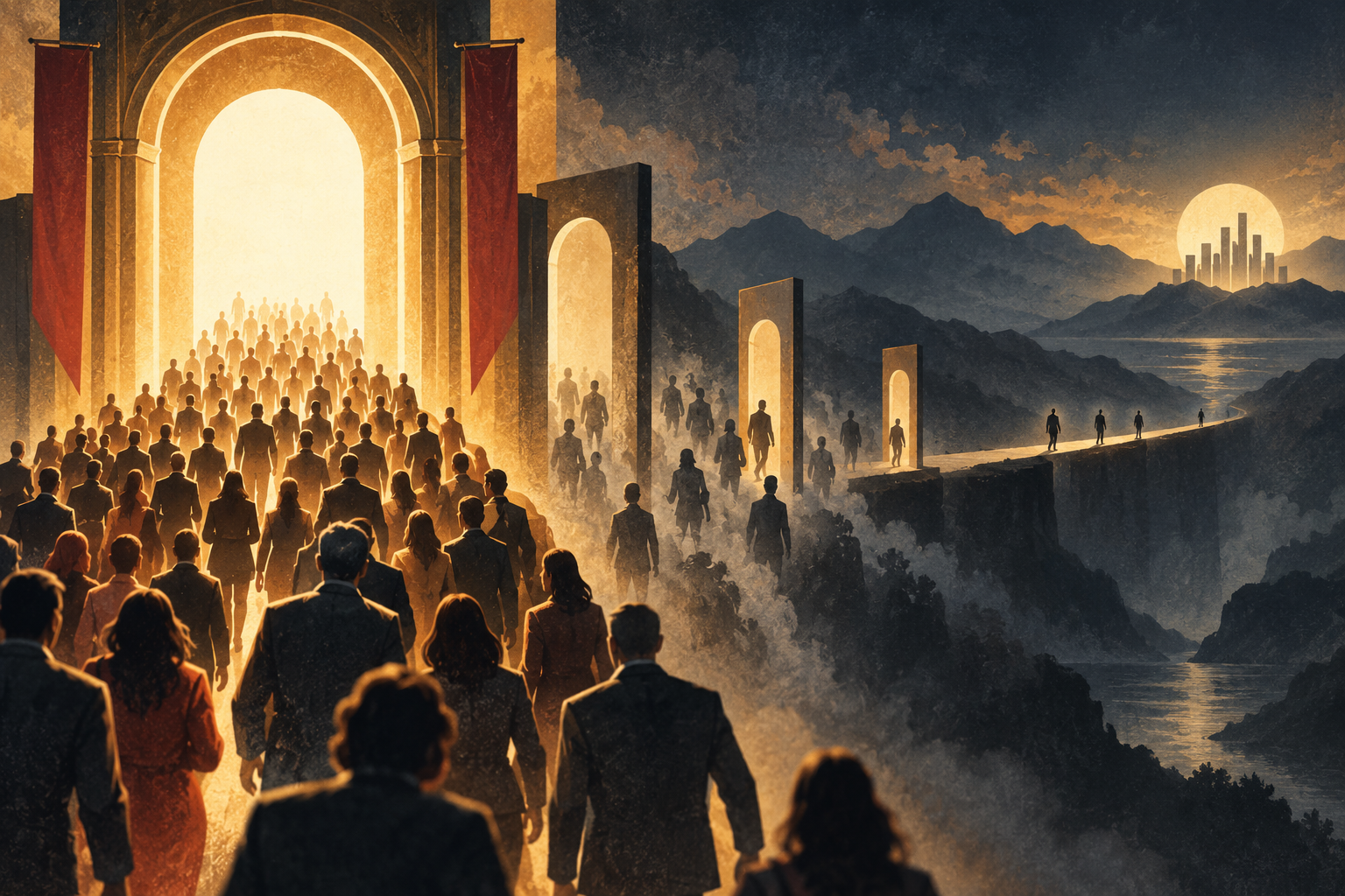 Illustration of a large crowd entering a glowing gateway, gradually thinning across smaller gates into a few investors walking toward a distant market skyline, symbolizing the gap between sign-ups and sustained participation.
