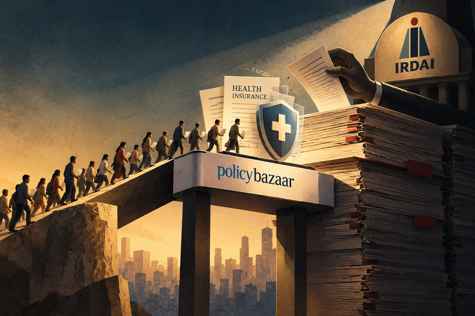 Policybazaar carries a stream of insurance buyers toward health cover while IRDAI looms above with new rules, symbolising a strong distribution business facing tighter regulatory limits.