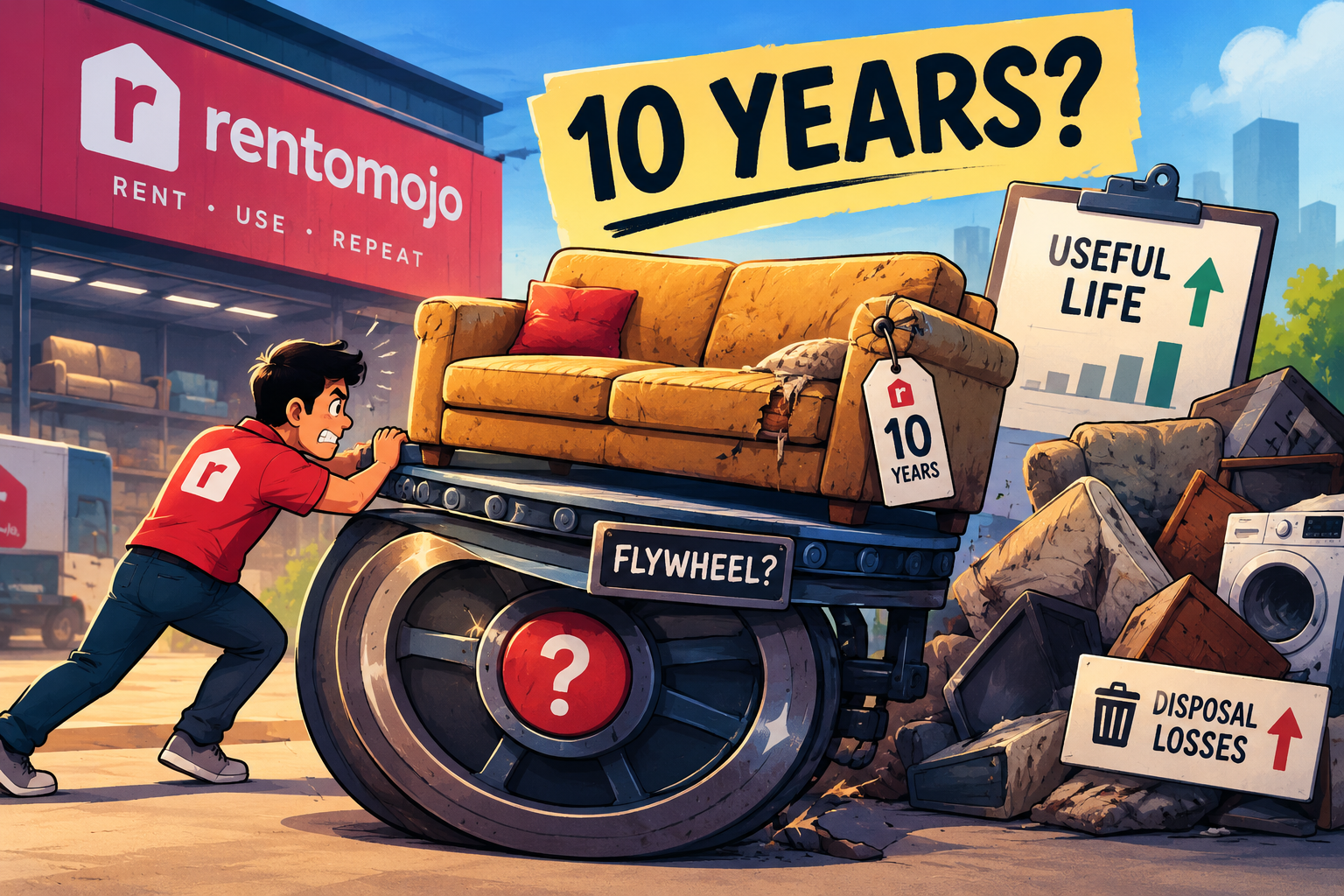 Illustration of Rentomojo’s 10-year furniture rental model, showing a worker pushing a worn sofa on a flywheel, highlighting longer useful life, repeat use, and rising disposal losses.