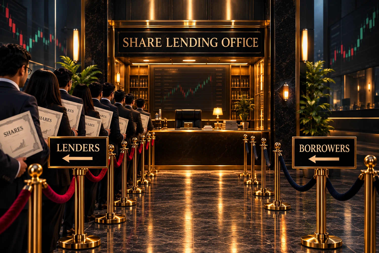 A crowded line of shareholders waits at a share lending office, while the borrowers’ lane and intermediary desk remain empty, illustrating the structural imbalance in India’s underused securities lending market.